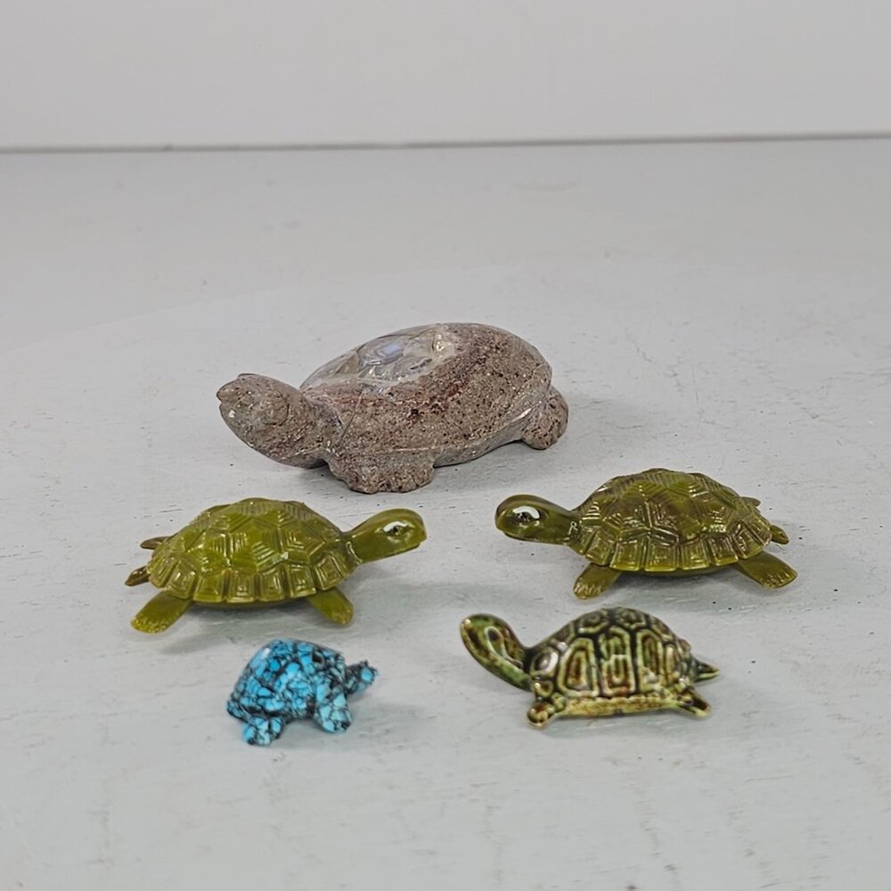 Set Of 5 Miniature Turtle Figurines Stone Ceramic Magneto West Germany